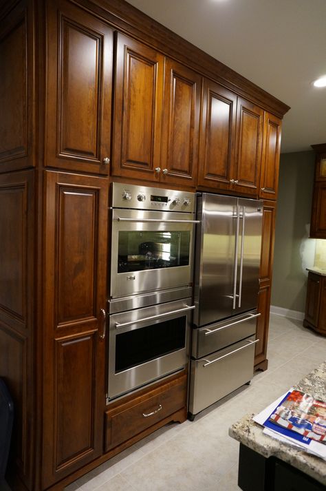 Refrigerator Surround, Refrigerator Cabinets, Wall Refrigerator, Reno Kitchen, Double Oven Kitchen, Built In Double Ovens, Double Ovens, Kitchens Cabinets, Refrigerator Cabinet