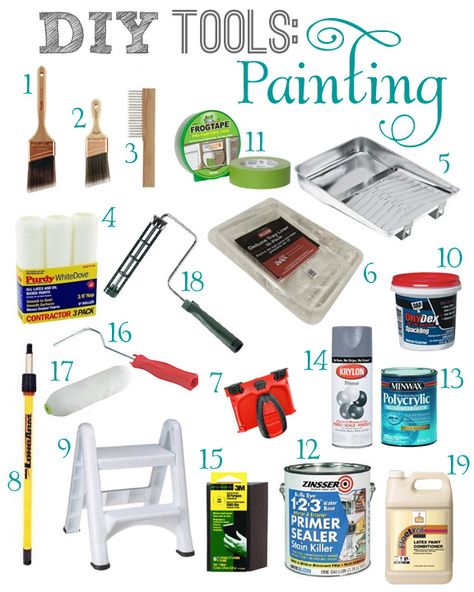 Tools for painting...what everyone should have if you decide to paint your walls. Drawings Paint & Paint Tools, Art Paint & Paint Tools, Art Studio Room Paint & Paint Tools, Tools For Painting, Painting Essentials, Painting Supplies List, Cheap Craft Supplies, Art Supplies Paint & Paint Tools, Paint Tools