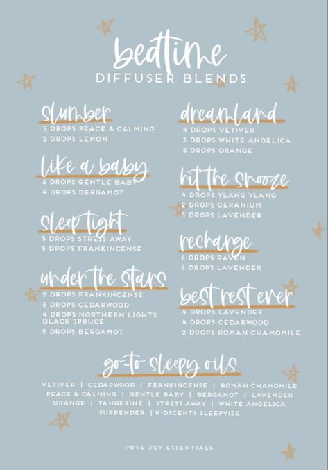 Bedtime Diffuser Blends - Pure joy Essentials Bed Time Essential Oil Blends, Night Oil Blends Diffuser Recipes, Joy Diffuser Blend, Bedtime Essential Oils Diffuser, Bedtime Oil Diffuser Blends, Popular Diffuser Blends, Doterra Bedtime Diffuser Blends, Relax Oil Blend Diffuser Recipes, Doterra Diffuser Blends Sleep