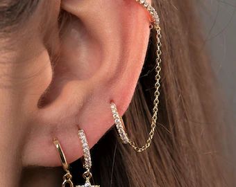 DIATgem on Etsy Cartilage Earrings Chain, Cartilage Chain, Double Piercing, Double Earrings, Helix Earrings, Magical Jewelry, Tiny Earrings, Birthstone Earring, Black Earrings