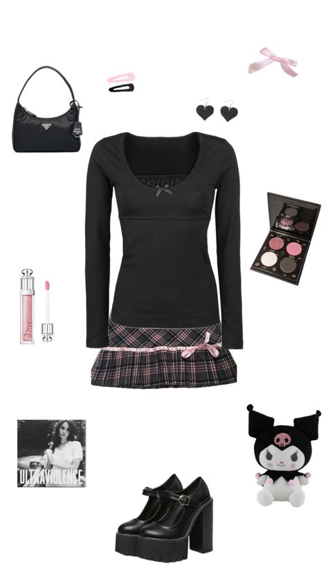 #coquette #kuromi #outfitinspo My Melody And Kuromi Outfit Aesthetic, Kuromi Outfit Inspired, Kuromi And My Melody Outfits, Kuromi Aesthetic Clothes, Sanrio Inspired Outfit Kuromi, Kuromi Outfit Ideas, Kuromi Fit, Kuromi Inspired Outfit, Kuromi Aesthetic Outfit