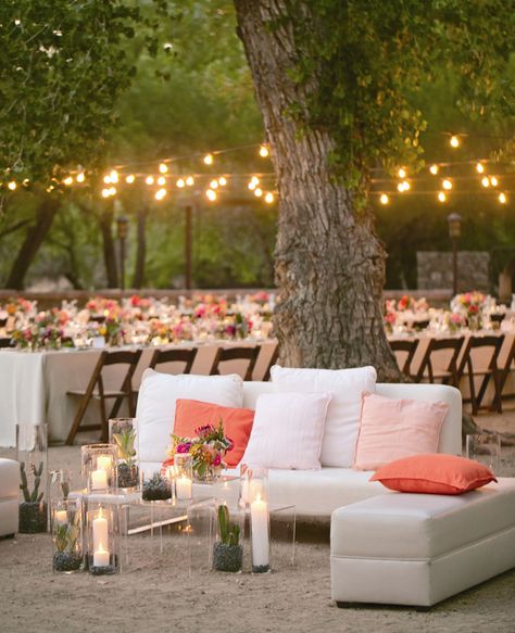 Bistro lights hung over reception tables // Photo: Mel & Co Coral Wedding Colors, Wedding Lounge, Bistro Lights, Coral Wedding, Outdoor Reception, Second Weddings, Desert Wedding, Woodland Wedding, Reception Table