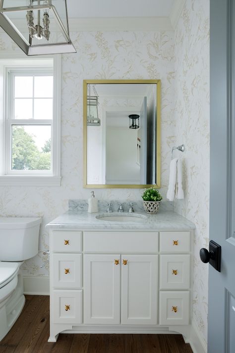 What a powder room! Foyer Paint Colors, Small Bathroom Wallpaper, Wallpaper Tile, Cape Cod Style House, Contemporary Living Room Design, Door Paint Colors, Coastal Contemporary, Garden Wallpaper, Exterior Makeover