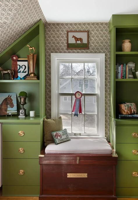 Equestrian Office, Equestrian Interior Design, Equestrian Bedroom, Equestrian Interior, Barn Office, Tack Trunk, Green Shelves, Equestrian Home Decor, Stable Style