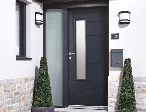 Grey Composite Front Door, Grey Front Door, Unique Front Doors, Door Frame Molding, House Front Door Design, Composite Front Door, Doors And Floors, Wood Front Doors, Glass Panel Door