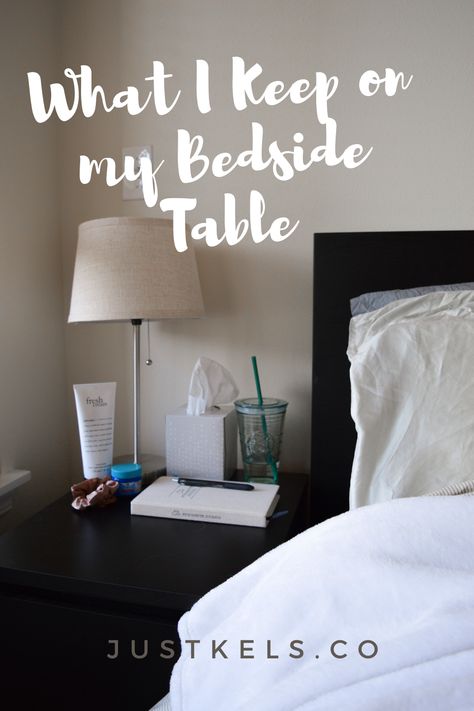 What I Keep on My Bedside Table – Just Kels Bedroom Nightstand Ideas, Side Table Organization, Bedside Table Organization, Bedside Stool, Nightstand Ideas, Bedroom End Tables, Organized Bed, Nightly Routine, Nightstand Organization