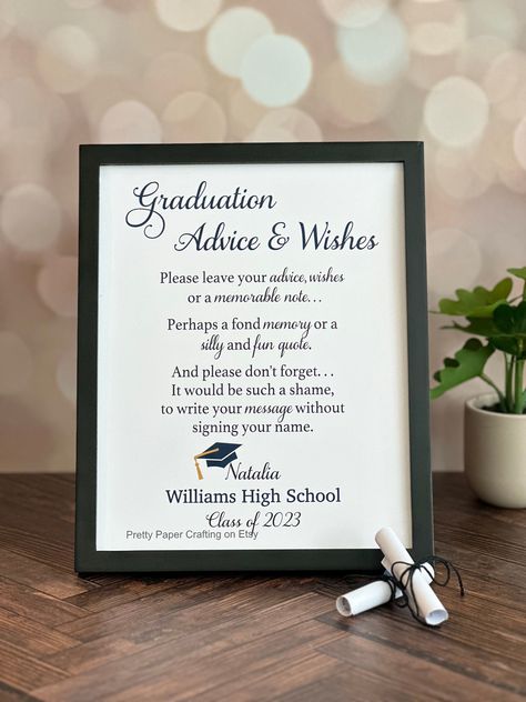 "This graduation sign is the perfect way to invite guests to write a message of encouragement or words of advice for your favorite grad.   The dimensions of the sign are 8\" x 10\"  and can be printed on the paper of your choice.  I offer 60 lb. bright white paper, or parchment like paper in ivory, cream and natural colors. The sign can say \"Graduation Advice and Wishes\" or \"Memory Jar\" for the title.  Let me know your preference, as well as your grad's name and school name in the \"Note to Graduation Memory Jar Ideas, Leave A Note For The Graduate, Graduation Well Wishes Ideas, Grad Party Memory Jar, Words Of Wisdom For Graduates Jar, Graduation Books To Sign, Words Of Advice For Graduate, Graduation Sign In Ideas Guest Books, Graduation Advice Ideas