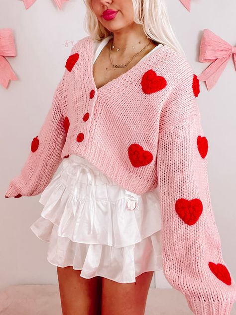 Heart Cardigan Outfit, Lovecore Aesthetic Outfit, Pink And Red Outfit, Sassy Shortcake, Heart Cardigan, The Cardigans, Cream Cardigan, Heart Sweater, Valentines Outfits