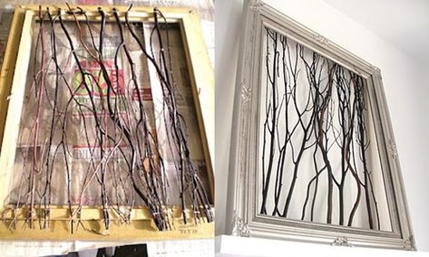 showcasing nature - just attach small twigs to the back of a picture frame. I would also add a scenic green photo behind the sticks to create a 3-d forest picture Twig Chandelier, Twig Furniture, Twig Crafts, Branches Diy, Creative Diy Projects, Beautiful Birdhouses, Twig Art, Wood Block Crafts, Branch Decor