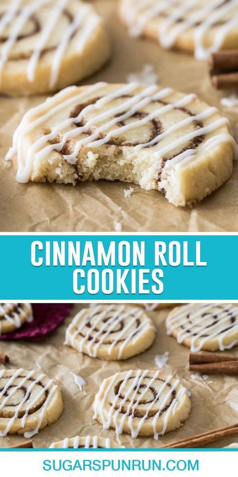 These fun Cinnamon Roll Cookies are cute, unique, and surprisingly simple to make. They taste just like buttery soft cinnamon rolls and are perfect with a simple vanilla glaze topping! Store Bought Cookies Hacks, Sugar Cookie Dough Ideas Store Bought, Christmas Dainties, Cinnamon Sugar Cookies Recipe, Book Treats, Icing Drizzle, Chewy Sugar Cookie Recipe, Cinnamon Sugar Cookies, Cinnamon Roll Cookies