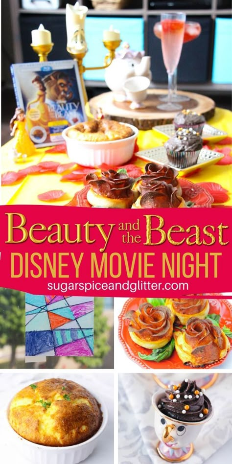 Movie Themed Potluck, Movies With Food Themes, Cheese Souffle Beauty And The Beast, Disney Movie Inspired Meals, Beauty And Beast Food Ideas, Family Movie Dinner Night, Disney Dinner And Movie Night Beauty And The Beast, Disney Meal Ideas, Family Movie Theme Night