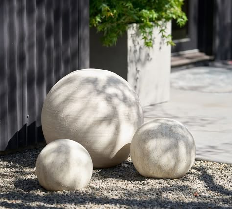 Artisan Stone Spheres | Pottery Barn Concrete Balls, Garden Spheres, Garden Balls, Modern Backyard Landscaping, Courtyard Gardens, Outdoor Cushion Covers, Construction Crafts, Modern Backyard, Gardens Design