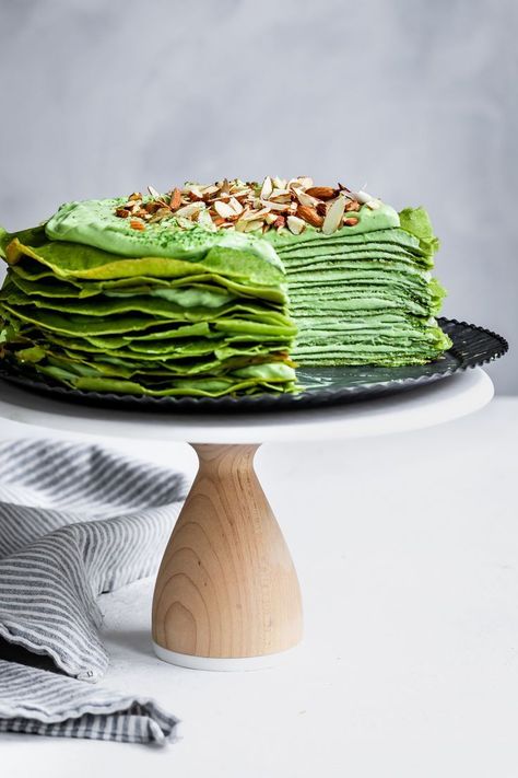 Gluten-Free Matcha Crepe Cake with White Chocolate Ganache #matcha #greentea #crepecake #almondflour #crepes #whitechocolate #cake #ganache #millecrepecake Matcha Crepe Cake, Whipped White Chocolate Ganache, Cake Ganache, Matcha Almond, Crepe Cake Recipe, Crepe Ingredients, Cake With White Chocolate, Whipped Ganache, Crepe Batter