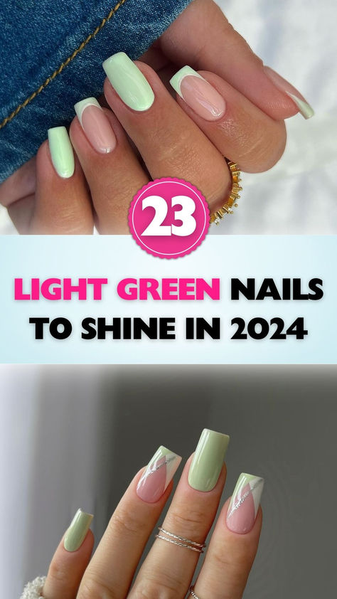 Get ready to dazzle in 2024 with these stunning light green nail designs! Light Green Simple Nails, Light Green Nails With Design, Light Green Nails Short, Pale Green Nail Designs, Nails Light Green, Light Green Nail Ideas, Light Green Gel Nails, Light Green Nails Designs, Pale Green Nails