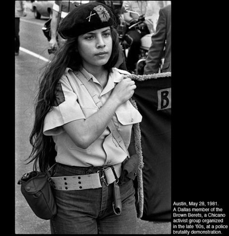 The Brown Berets were known for their direct action against police brutality. They protested killings and abuses perpetrated by the Los Angeles Sheriff's Department at the station in the barrio. They supported the United Farm Workers movement and the Land Grant Movement in New Mexico. In 1969, they participated in the first Rainbow Coalition which originally included the Young Patriots and the Young Lords under the leadership of Jose Cha Cha Jimenez and in the Poor Peoples Campaign. In 1969. United Farm Workers, Chicano Studies, Brown Beret, Farm Workers, Chicano Love, Chicana Style, Brown Pride, Direct Action, Color Script