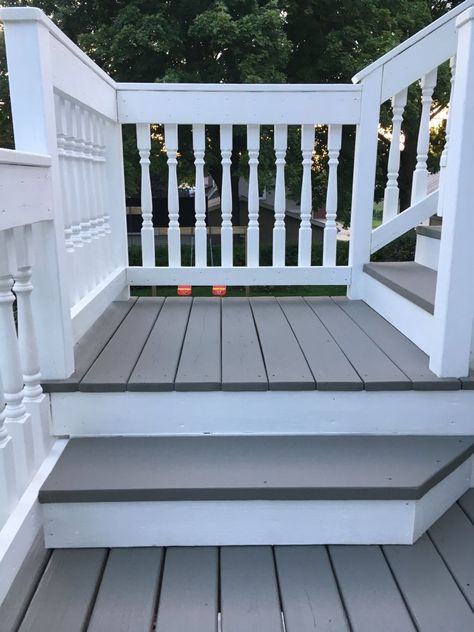 Grey And White Deck, Gray Deck Stain, Grey Stained Deck, Gray Stained Deck, Wood Deck Paint Color Ideas, Gray Deck Stain Colors, Deck Stain Colors Ideas Two Tone, Painted Deck Ideas, Painted Decks