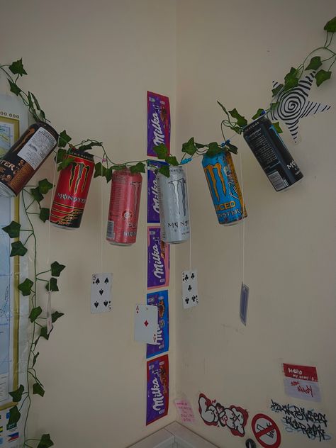 Monster Cans Hanging From Ceiling, Monster Can Light Holes, Hanging Monster Cans, Energy Drink Can Crafts, Monster Can Diy Room Decor, Monster Can Ideas For Room, Monster Energy Can Ideas, Monster Can Decor, Monster Cans Room Decor