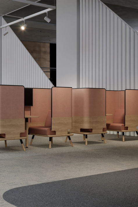 Pink PET surround Drift booths in an open office space. Booth Seating Design, Island Furniture, Seating Design, Booth Seating, Inclusive Design, Cad Blocks, Sound Absorption, Office Seating, High Back Chairs