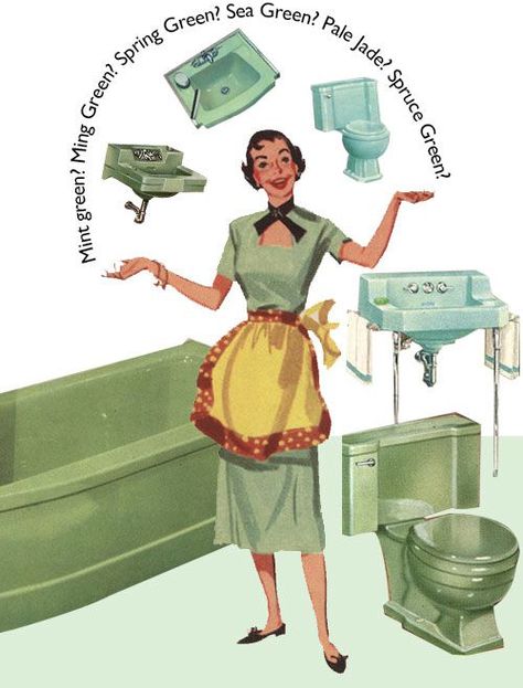 The color green in kitchen and bathroom sinks, tubs and toilets ... Green Tub Bathroom Ideas, Green Bathtub Bathroom Ideas, Retro Green Bathroom, Green Bathtub, 1940s Bathroom, Vintage Green Bathroom, 50s Bathroom, Colorful Bathrooms, Retro Bathroom Decor