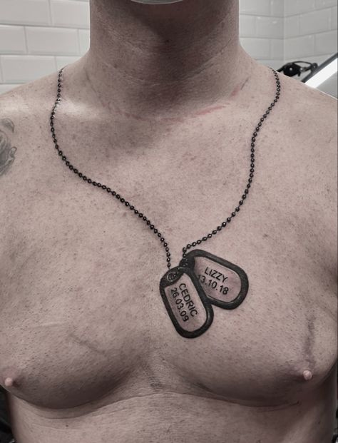 Soldier tag Dog Tag Tattoo For Men, Dog Tag Tattoo, Fallen Soldier Tattoo, Dog Tags Tattoo, Tag Tattoo, Soldier Tattoo, Chain Tattoo, Fallen Soldier, Kids Names