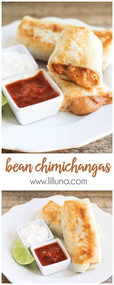 Easy and delicious Bean Chimichangas are filled with beans, cheese and ROTEL and they taste just like the ones at the restaurants! #beanchimichangas #chimichangas #mexicanrecipes #dinnerrecipes #mexicanfood Cream Cheese And Chicken, Chimichanga Recipe, Chicken Taquitos, Meatless Meals, Quesadillas, Mexican Dishes, Fajitas, Burritos, Yummy Dinners