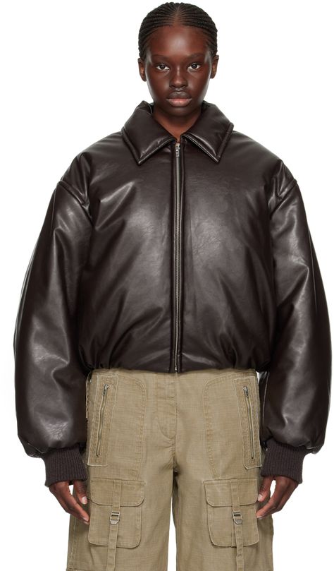 Padded grained faux-leather jacket. · Spread collar · Zip closure · Seam pockets · Elasticized hem · Rib knit cuffs · Rubberized logo patch at back · Welt pocket at interior · Full satin lining Supplier color: Dark brown Acne Jacket, Acne Studios Jacket, Faux Leather Jacket Women, Brown Faux Leather Jacket, Fur Leather Jacket, Types Of Jackets, Fall Fits, Leather Jackets Women, Padded Jacket