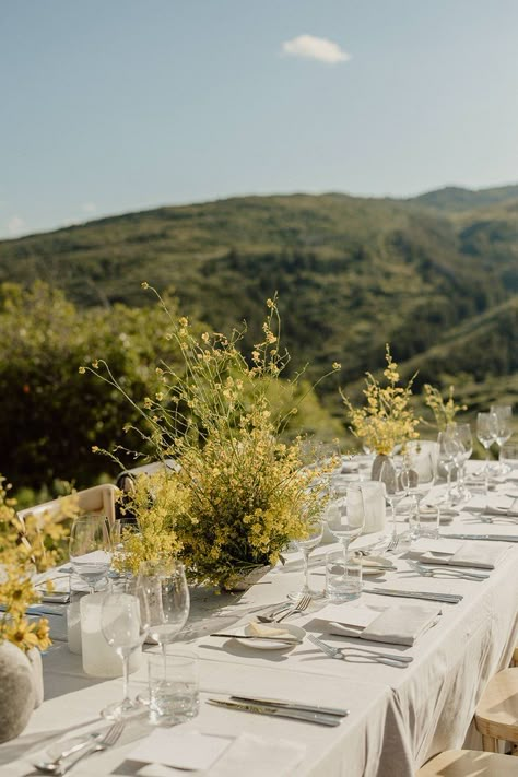 Michelle Leo Events: Utah Wedding Planners Outdoor Wedding Tables, Sky Ranch, Welcome Dinner, Ibiza Wedding, Yellow Wildflowers, Outdoor Patio Space, Dinner Drinks, Outdoor Dinner, Destination Wedding Planning