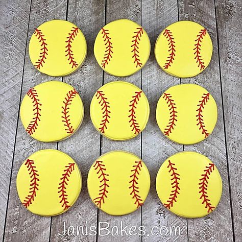 Softball Cookies Royal Icing, Softball Decorated Cookies, Softball Cookies Decorated, Softball Sugar Cookies, Softball Birthday Cakes, Softball Treats, Softball Cookies, Sports Treats, Softball Banquet