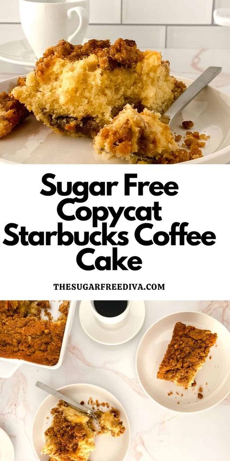 Sugar Free Copycat Starbucks Coffee Cake, a delicious dessert recipe for a cinnamon and swirl cake made without adding sugar. Starbucks Coffee Cake Recipe, Starbucks Coffee Cake, Banana Coffee Cakes, Popular Desserts Recipes, Low Sugar Desserts, Coffee Cupcakes, Sugar Free Sweets, Copycat Starbucks, Swirl Cake