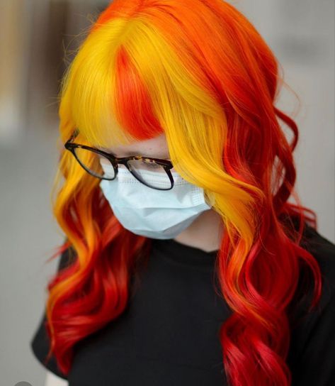 Orange And White Hair, Fire Ombre Hair, Beautiful Hair Dye, Yellow Tips, Hair Color Placement, Vivid Hair, Vivid Hair Color, Hair Therapy, Out Of Place