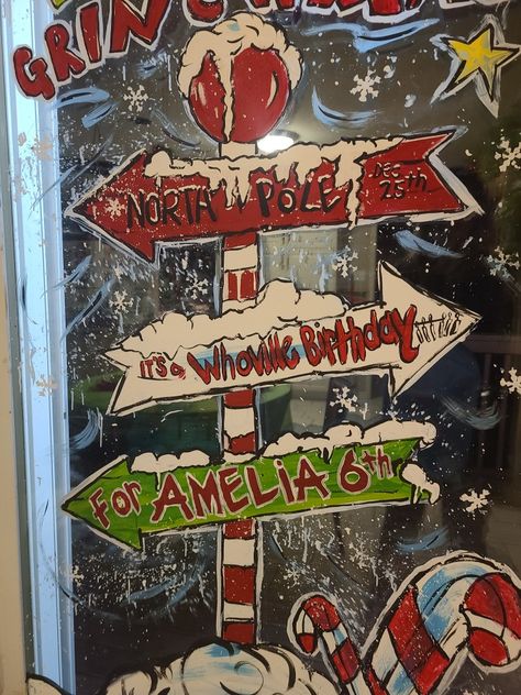 Grinch Window Painting Ideas, Christmas Window Painting Grinch, Whoville Window Painting, Grinch Christmas Window, Grinch Window Painting, Christmas Window Painting Diy, Window Painting Ideas Christmas, Christmas Window Paintings, Christmas Murals