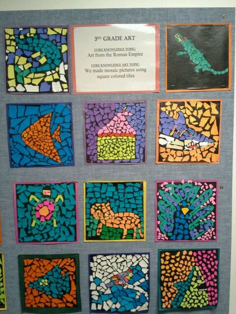 3 rd grade torn paper mosaics Byzantine art www.timelinestaircase.com Mosaic Art Lesson Elementary, Torn Paper Collage Elementary Art, Crumpled Tissue Paper Art, Mosaic Projects Paper, Ripped Paper Art Ideas, Rip Paper Art, Kids Mosaic Art Project, Mozaik Art Paper, Paper Mosaic Art For Kids