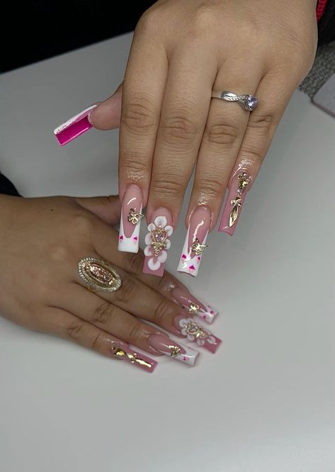 Pink bottom nails Nails With Pink Bottoms, Pink Bottom Nails, Nails With Pink Flowers, Bottom Nails, Hawaiian Flower Nails, Nails With Pink, Pink Flower Nails, 18th Birthday Outfit, 3d Flower Nails