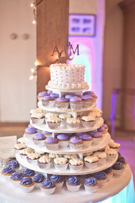 Wedding Cake And Cupcake Display, Cake And Cupcake Display, Purple Wedding Cupcakes, Budget Wedding Cake, Wedding Cupcake Display, Lavender Wedding Cake, Cupcake Tower Wedding, Cupcake Stand Wedding, Lavender Cake