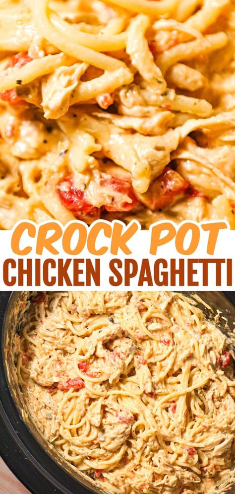 Crock Pot Chicken Spaghetti is a hearty slow cooker pasta recipe made with boneless, skinless chicken breasts cooked in a cream soup and cream cheese mixture and loaded with shredded cheese. Cream Of Mushroom Soup Chicken, Crock Pot Chicken Spaghetti, Mushroom Soup Chicken, Chicken Spaghetti Recipe Crockpot, Soup Chicken Broth, Crockpot Chicken Spaghetti, Chicken Spaghetti Recipe, Slow Cooker Pasta Recipes, Chicken Breast Crockpot Recipes