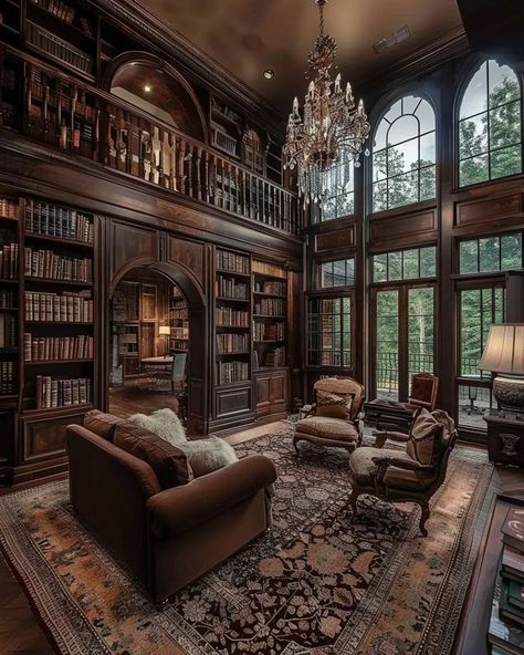 Grand Home Library, Library Room Inspiration, Home Studies, Extra Rooms In House Ideas, Small House Library, Luxury Library Room, Cozy Library Aesthetic, Mansion Library, Cozy Home Library Ideas