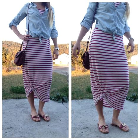 9/23- stripped maxi dress- knotted at bottom, tied Jean shirt, maroon flip flops and purse Long Dresses Casual Maxi Summer Outfits, Maxi Dress Knot, Saturday Outfits, Dress Knot, Knotted Dress, Maxi Dress Outfit Fall, Grey T Shirt Dress, Dress Outfit Fall, Spring Wraps