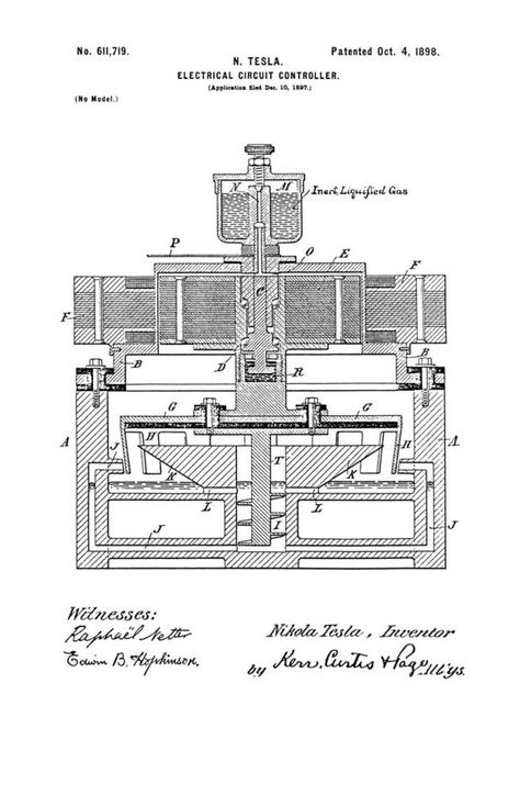 Yet another very unique invention from Tesla, this uses an inert liquified gas to provide better electrical contact in electronic pulses.  ELECTRICAL CIRCUIT CONTROLLER Patent number: 611719 Filing date: Dec 10, 1897. Nikola Tesla Books, Nikola Tesla Patents, Nikola Tesla Inventions, Tesla Patents, Tesla Inventions, Nicola Tesla, Nicolas Tesla, Electrical Circuit, Alternative Energy Sources