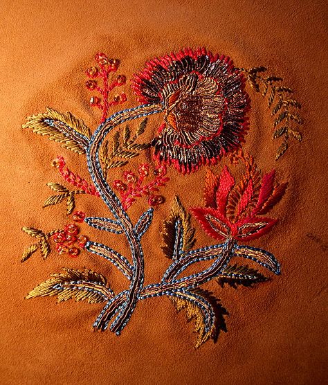 An Exquisite Hand Embroidery on suede Felt Embroidery, Thread Art, Thread Work, Real Beauty, Rust Color, Metallic Thread, Needle And Thread, Beaded Embroidery, Work On