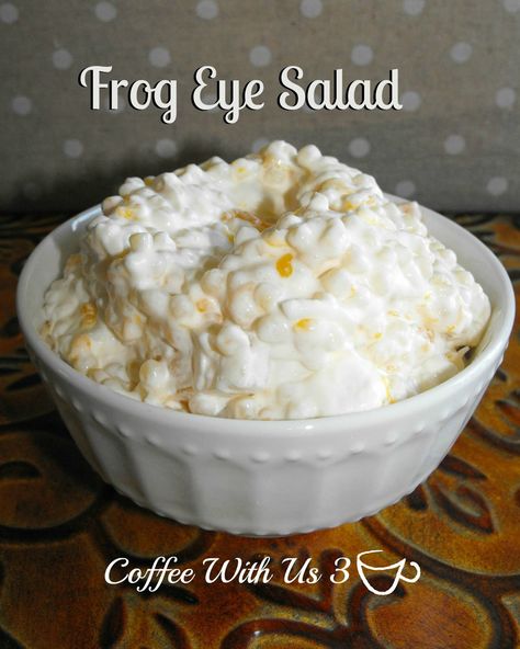 "Frog Eye Salad" A cross between a pasta salad, fruit salad, and yummy dessert Frog Eye Salad, Fall Salad, Frog Eye, Fruit Salad Easy, Fluff Desserts, Salad Fruit, Ambrosia Salad, Fruit Salad Recipes, Creamy Desserts