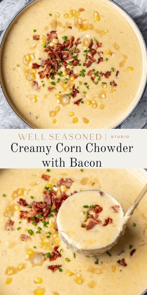 Our Corn Chowder with Bacon is a celebration of fresh summer corn! It's a rich, creamy soup recipe with crispy bacon, tender potatoes, fresh herbs, and a deeply flavored broth enhanced by adding the corn cobs to the soup as it simmers. It makes a great lunch or dinner on its own (though a side salad or crusty bread is always welcome), and is perfect for potlucks or picnics. Make-ahead and freezer-friendly. #wellseasonedstudio #cornchowder #cornsoup #chowderrecipe Corn Chowder With Bacon, Creamy Corn Chowder, Corn Chowder Soup, Bacon Corn Chowder, Bacon Chowder, Corn Soup Recipes, Potato Corn Chowder, Creamy Soup Recipes, Chicken Corn Chowder