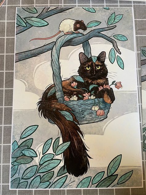 Tortie Cat and Rat in a Tree - Etsy Australia Tortie Cat Drawing, Cute Cat Art Illustrations, Tortie Cat Art, Cat And Rat, Tortie Cat, Bel Art, Art Mignon, Arte Van Gogh, Cat Air