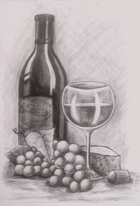 Still Life Drawing Wine Bottle, Pencil Shading Still Life For Beginners, Drawing Bottle Pencil, Still Life Painting Pencil Shading, Grapes Sketch Pencil, Wine Bottle Art Drawing, Bottle Sketch Pencil Drawings, Grapes Drawing Pencil, Still Life Pencil Shading Easy