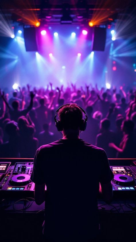 A DJ is performing on stage, mesmerizing the crowd with vibrant lights and rhythmic beats enhanced by AI music production software. The audience dances wildly as innovative AI audio plugins elevate every track to a new level of sonic brilliance. Dance Club, That Moment When, The Vibe, The Dance, Dance Floor, Spinning, Dj, Track, Energy