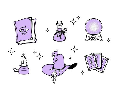 A set of magical items, magician's magic hat, witch's magic potion, spell book, magic ball and tarot cards. Vector illustration that can be used as a tattoo sketch, print for clothes Magic Icons Aesthetic, Magic Ball Tattoo, Spell Book Drawing, Moon Potion Tattoo, Magic Ball Illustration, Crystal Ball Doodle, Tarot Card Drawings, Magic Hat Illustration, Magic Vector Illustration