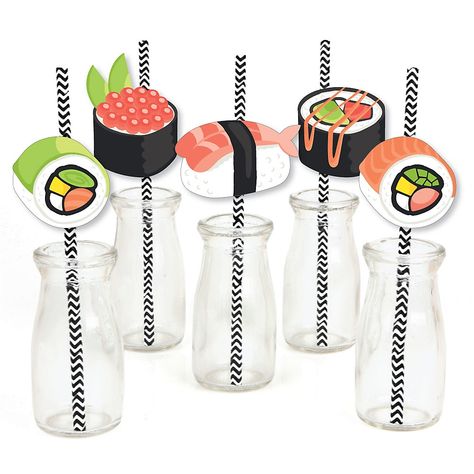 Free 2-day shipping. Buy Let's Roll - Sushi - Paper Straw Decor - Japanese Party Striped Decorative Straws - Set of 24 at Walmart.com Straw Decor, Straw Tags, Japanese Party, Paper Cut Outs, Diy Sushi, Straw Decorations, Japanese Birthday, Easy Party Decorations, Sushi Party