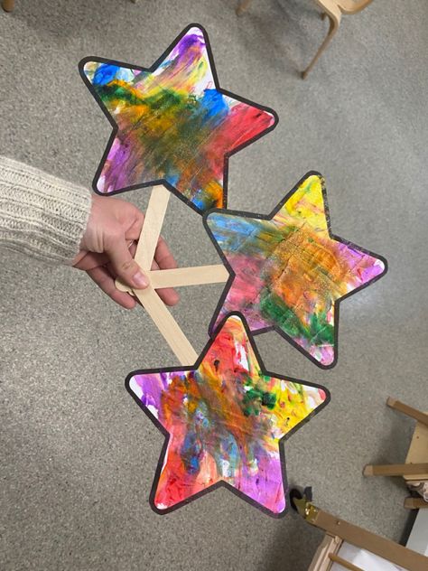 Finger paint with glitter paint, cut out and add popsicle stick to make a wand Star Art Activities For Preschool, S Is For Star Craft Preschool, Wand Craft Preschool, Star Wand Craft, Star Crafts Preschool, Preschool Star Activities, Star Preschool Crafts, Star Activity Preschool, Space Theme Crafts Preschool