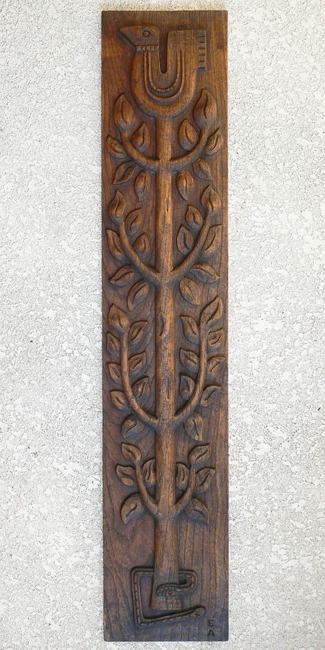 "Tree Of Life" carved solid oak wall panel designed by Evelyn Ackerman Evelyn Ackerman, Wall Carvings, Mcm Art, Oak Wall, Wall Panel Design, Vintage Tree, Mid Century Mod, Wood Tree, Wood Craft