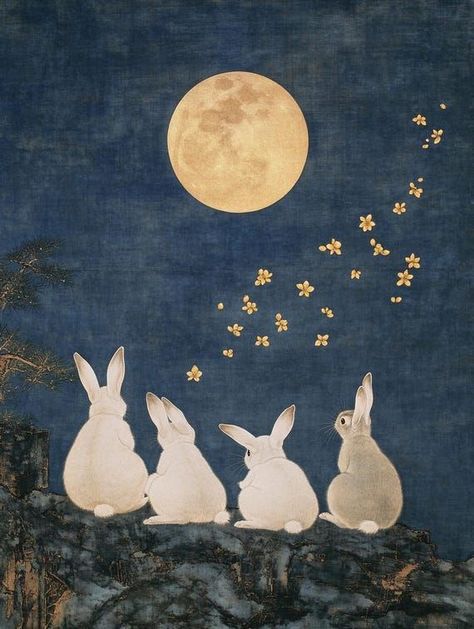 Charming Song Dynasty Gongbi Style Canvas Print of Small Rabbits Under Full Moon | Modern Blue & Gold Artwork | Custom Digital Download by CustomCanvasCurators Check out this stunning modern print 'Moonlit Rabbits' that beautifully captures the serene beauty of a moonlit night 🌕🐇 The meticulous brushwork and vibrant tonalities make it a perfect blend of tradition and contemporary art. It's a joyous homage to nature and a wonderful addition to any art collection! 🎨 #MoonlitRabbits #ArtLovers... Song Dynasty Art, Full Moon Art, Gold Artwork, Small Rabbit, White Rabbits, Delicate Features, Moon Illustration, Song Dynasty, Modern Blue