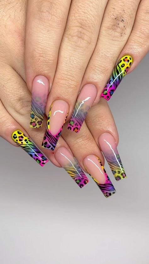 Yari’s Nails LLC on Reels | El Alfa · PLEBADA Neon Zebra Print Nails, Nail Inspo Pride, Nails Zebra Print, Nails Cheetah Print, Lisa Frank Nails, Nails Pigment, Long Nails Coffin, Pigment Nails, Nails Cheetah